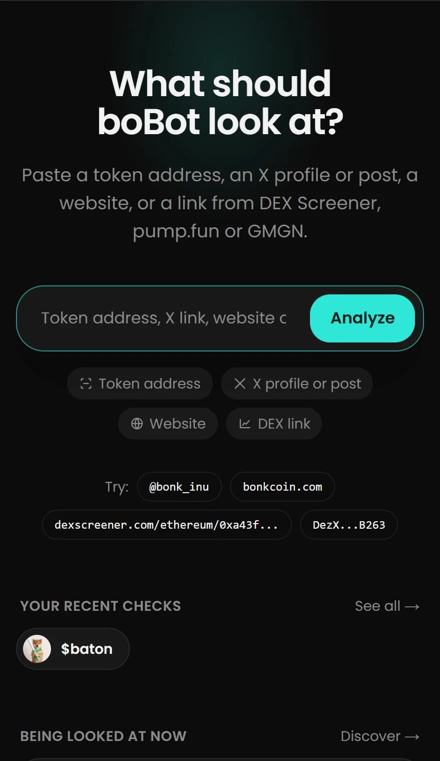 The boBot app: one search box for a token address, an X link, a website or a DEX link